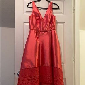 Monique Lhuillier coral tea length high low dress
